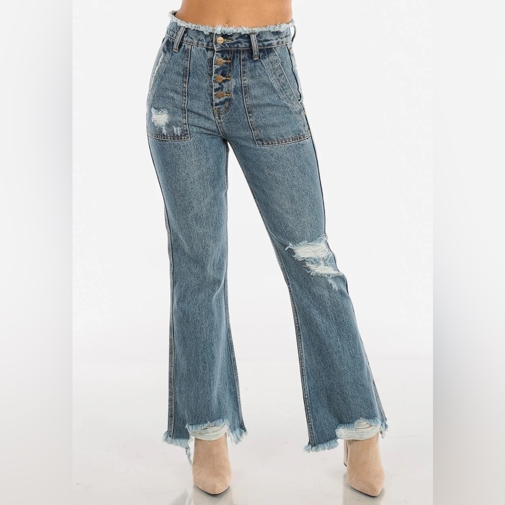 EVIDNT Distressed Y2K Flared High Rise Jeans